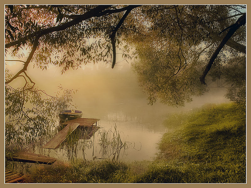 silent harbour | river, dock, boat, fog, grass